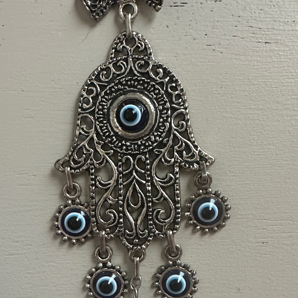 Ornate Silver Hamsa Wall Decor with Blue Accent - Picture 3 of 5